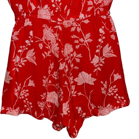 Red Floral Print V-Neck Romper With Drawstring Waist - Picture 6 of 8